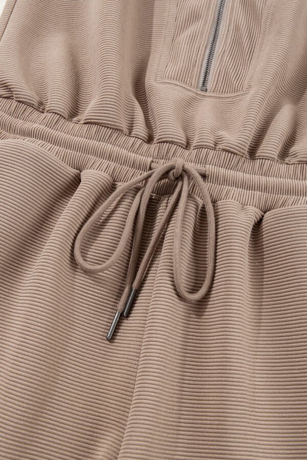 Dark Khaki Textured Short Sleeve Half Zip Drawstring Waist Romper
