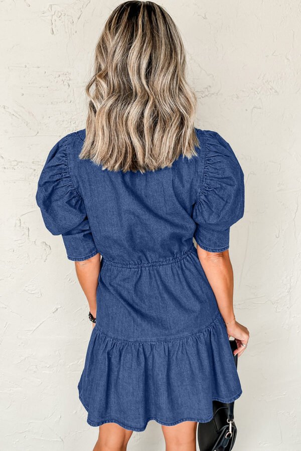 Blue Drawstring High Waist Puff Sleeve Denim Mini Dress