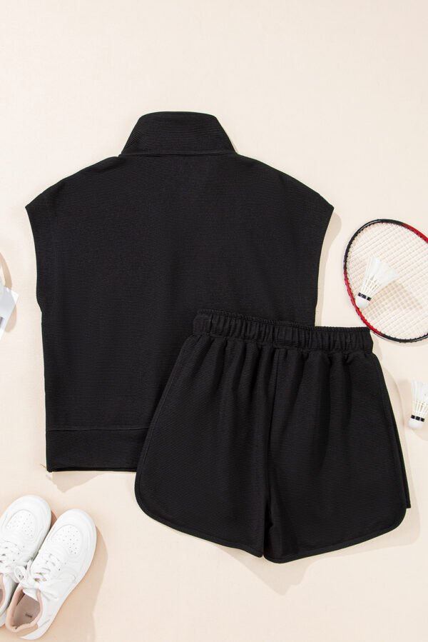 Black Textured Half Zip Kangaroo Pocket Top Drawstring Shorts Set