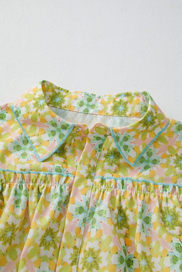 Green Boho Floral Print Frilly Detail Puff Sleeve Shirt