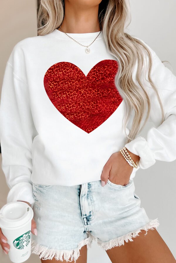 Beige Glitter Valentine Heart Shape Graphic Sweatshirt