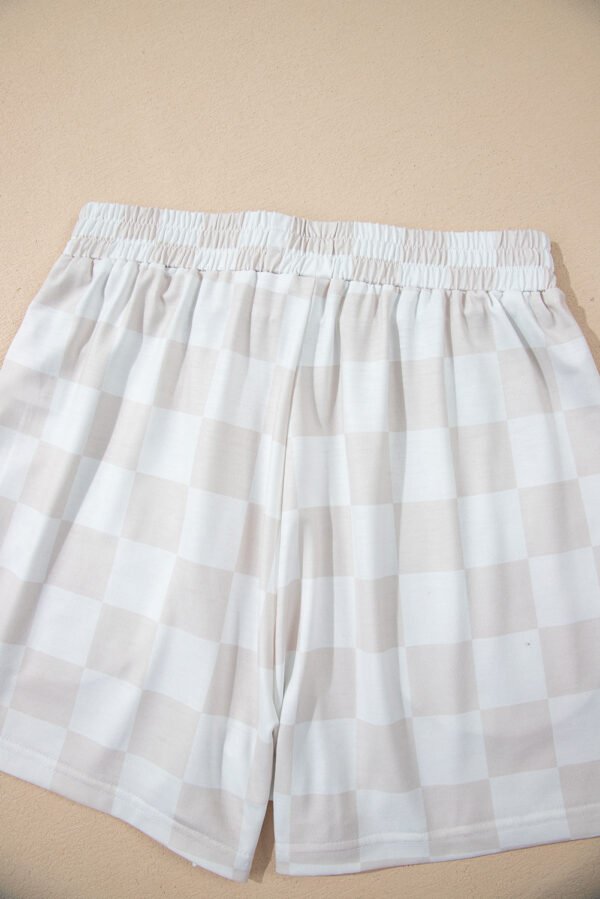 Beige Checkered V Neck Tee Drawstring Shorts Lounge Set