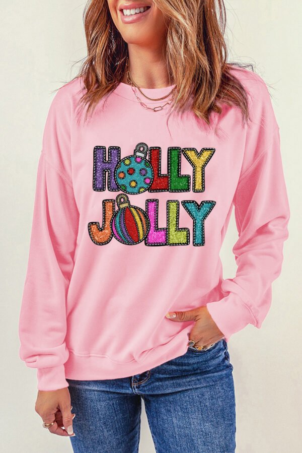 Pink HOLLY JOLLY Christmas Festive Letter Graphic Sweatshirt