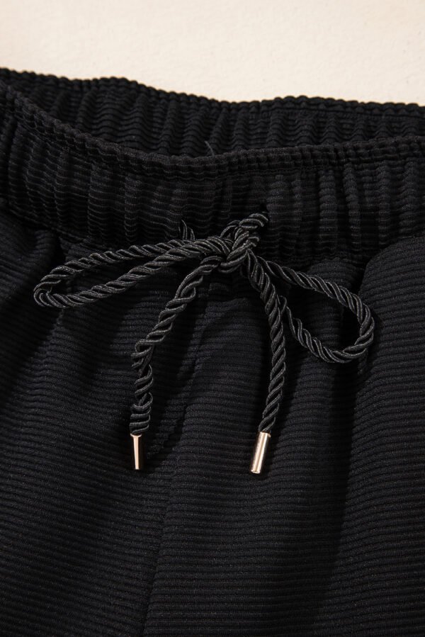 Black Textured Half Zip Kangaroo Pocket Top Drawstring Shorts Set