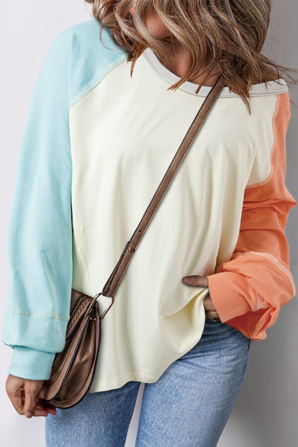 Yellow Cream Colorblock Patchwork Crew Neck Long Sleeve Top