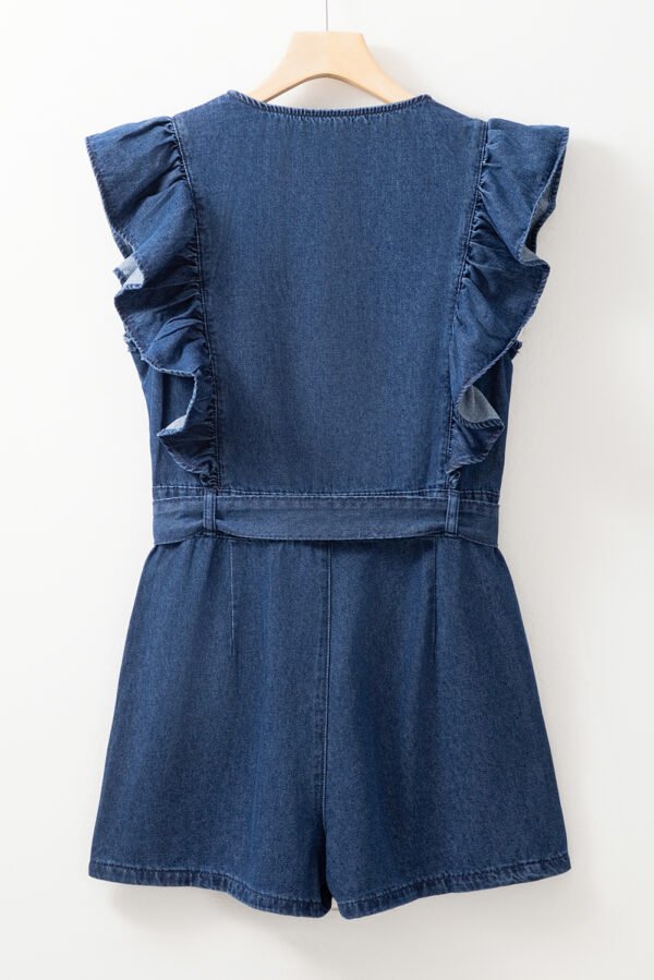 Sail Blue Denim Ruffled Zipped Front Belted Romper