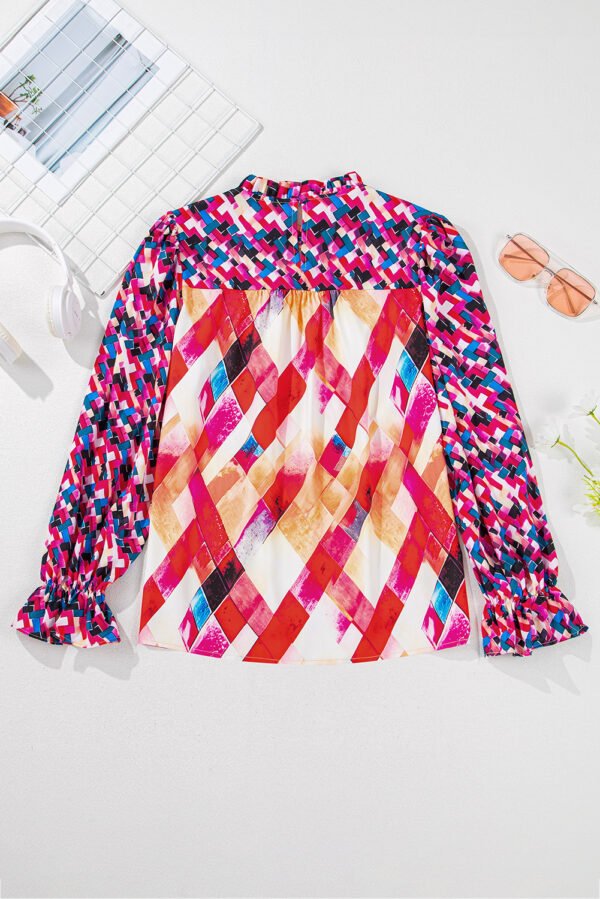 Rose Red Abstract Geometric Pattern Patchwork Puff Sleeve Blouse