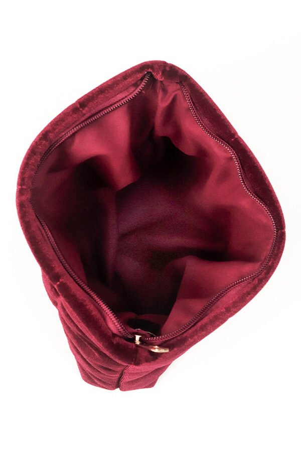 Burgundy Quilted Velour Zipper Cosmetic Organize Pouch