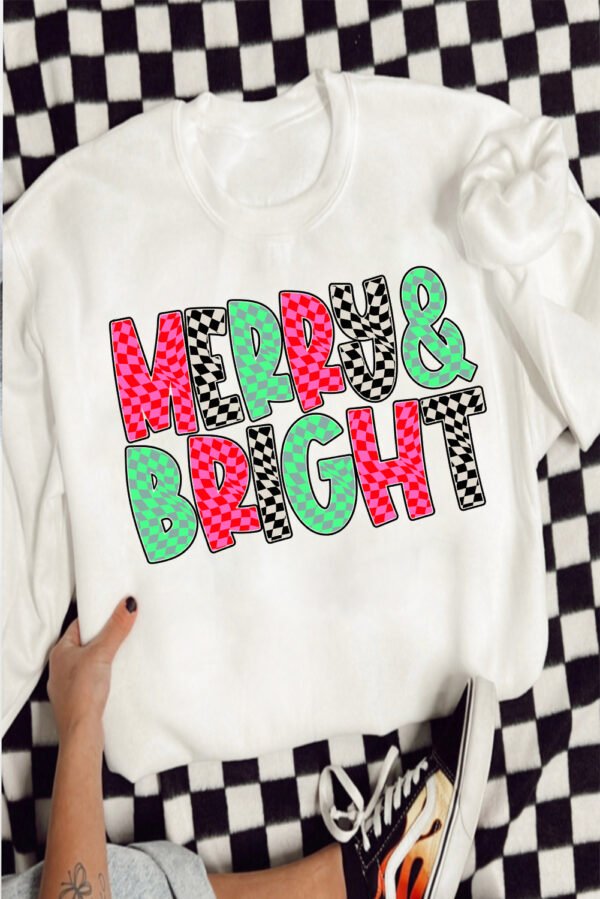 White MERRY & BRIGHT Checkered Print Crew Neck Sweatshirt