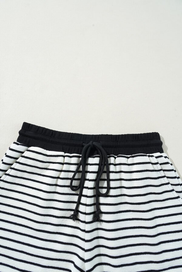 Black Stripe Collared Long Sleeve Top and Drawstring Shorts Set