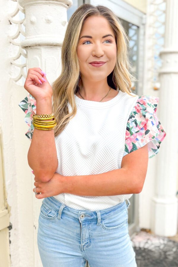 White Abstract Print Tiered Ruffled Sleeve Textured Knit Top