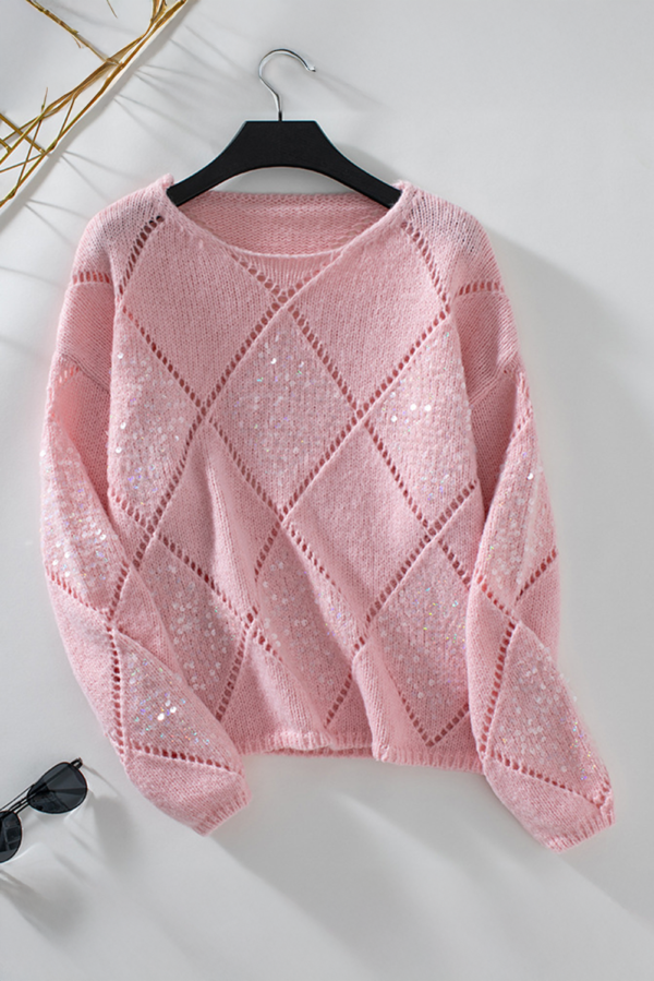 Light Pink Hollowed Rhombus Pattern Sequin Detail Round Neck Sweater