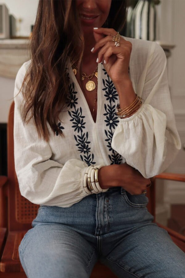 White Floral Embroidered Frilled V Neck Puff Sleeve Blouse