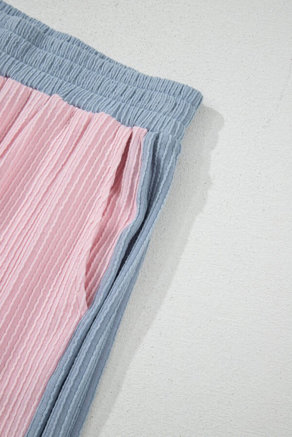 Pink Corded Colorblock Patchwork Short Sleeve Top and Loose Pants Set