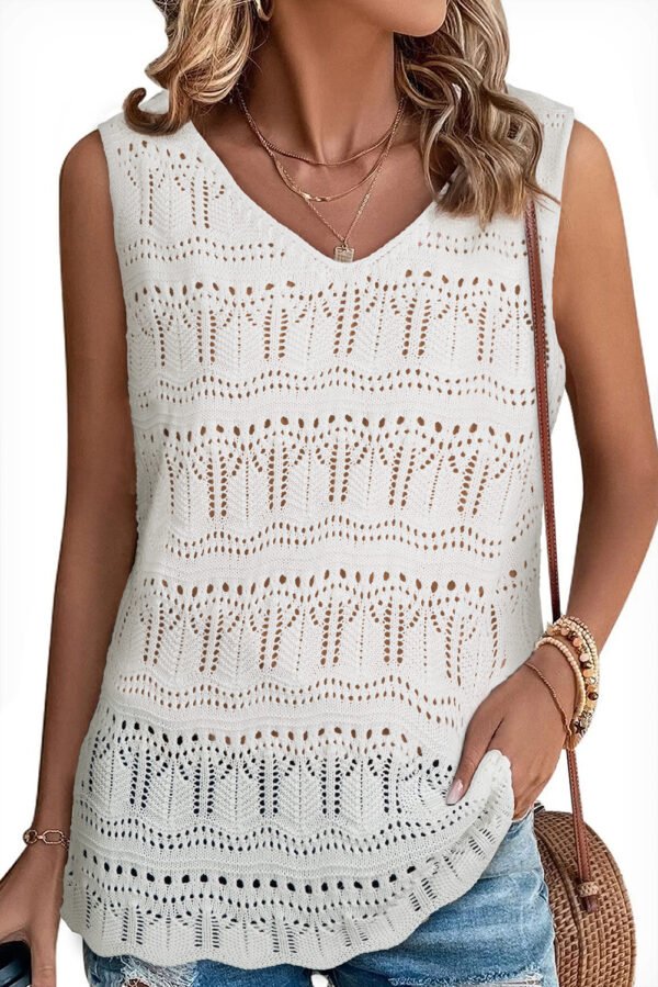 White V Neck Textured Hollow-out Sweater Vest
