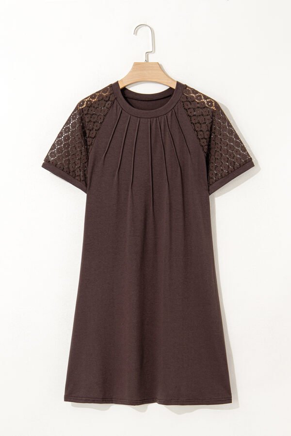 Dark Brown Contrast Lace Raglan Sleeve Pleated Detail Shift Dress