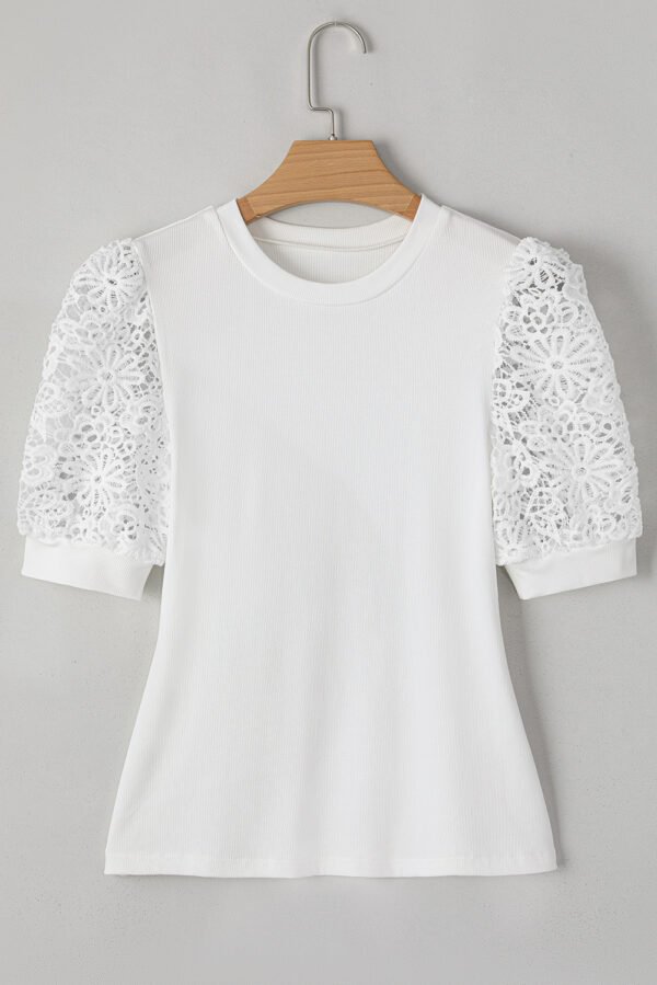 White Lace Floral Patchwork Ribbed Knit Half Sleeve T Shirt
