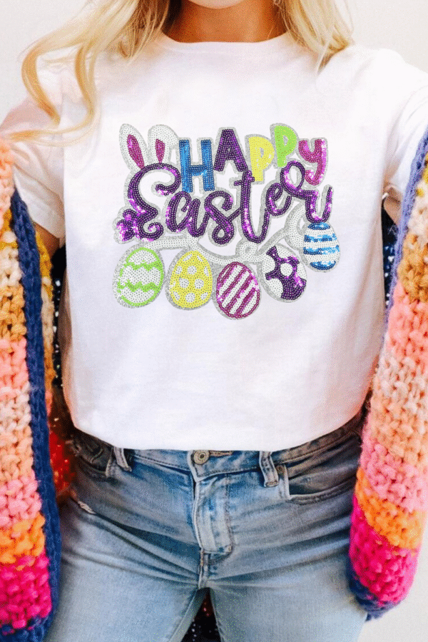 White Happy Easter Sequin Patched Casual Tee