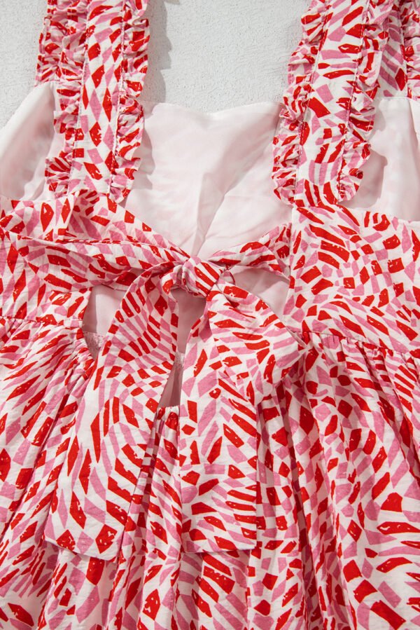 Pink Geometric Print Knot Back Sleeveless Ruffle Hem Dress