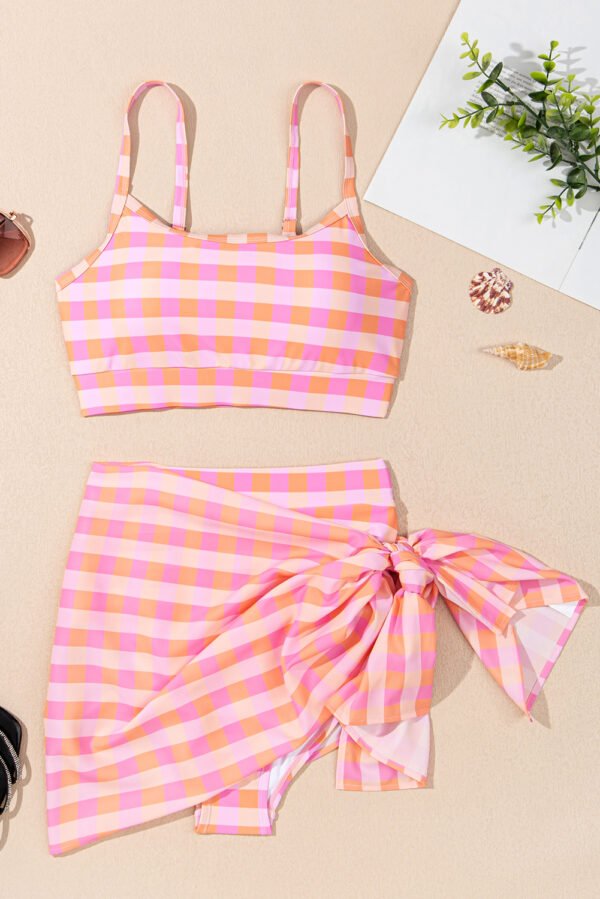 Pink 3pcs Gingham High Waist Bikini & Sarong