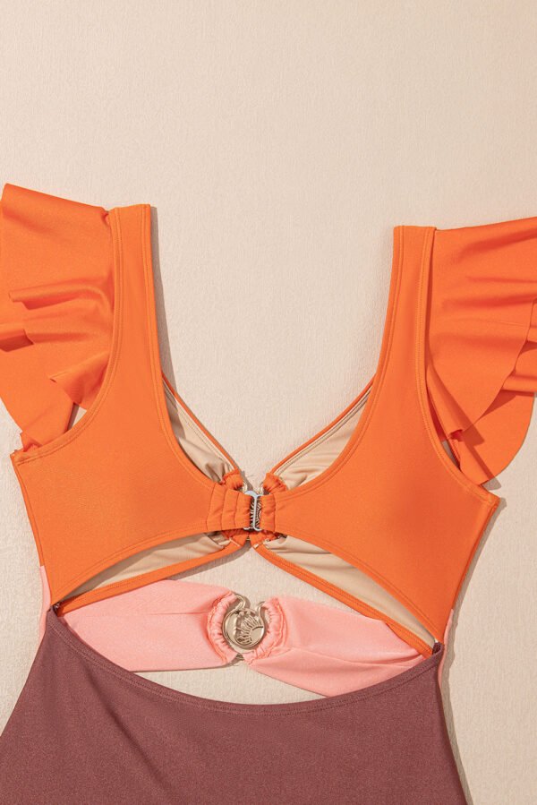 Orange Ruffle Sleeve Tricolor Cutout Front Ring One Piece Swimsuit