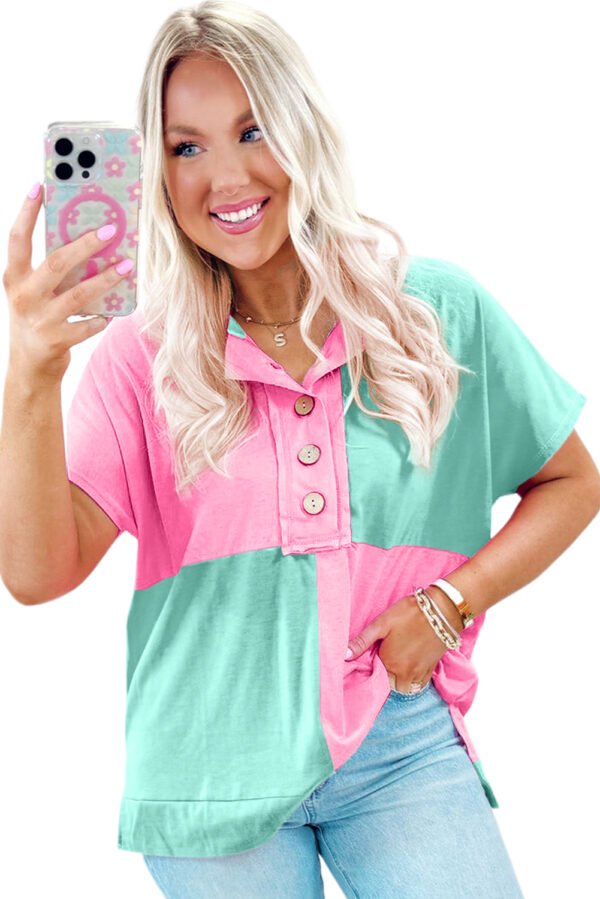 Mint Green Two Tone Half Buttons Collared T Shirt
