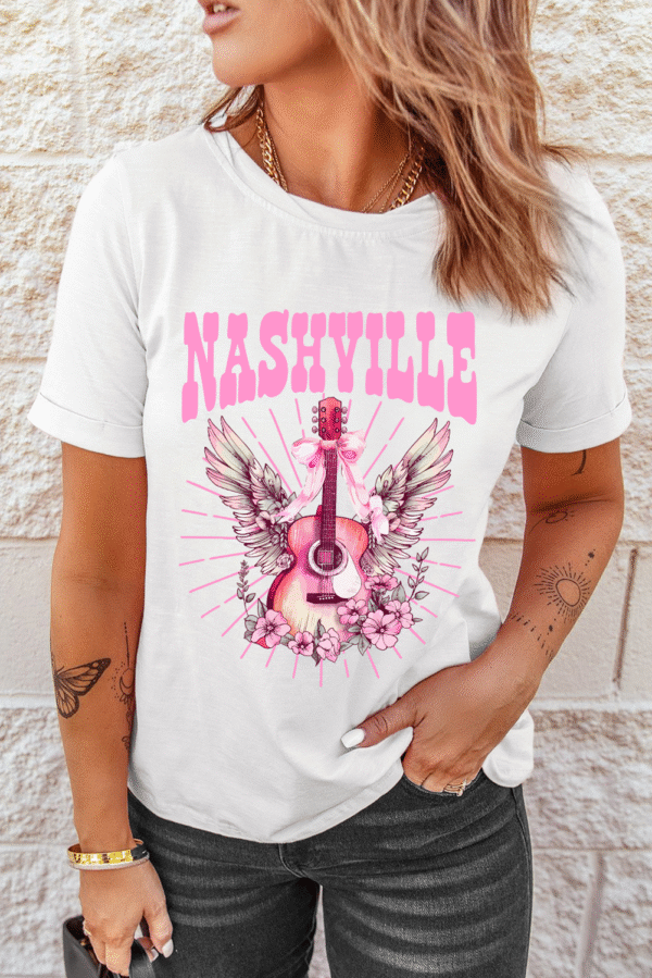 White NASHVILLE Guitar Graphic Music Festival T Shirt