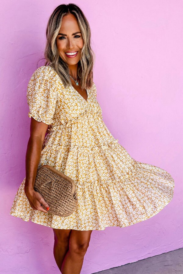 Yellow Floral Short Sleeve V Neck Frilly Tiered Mini Dress