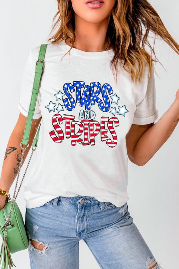White Stars and Stripes Round Neck Graphic T Shirt