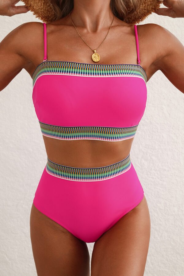 Rose Red Contrast Banding Tube Bikini High Waist 2pcs Swimsuit