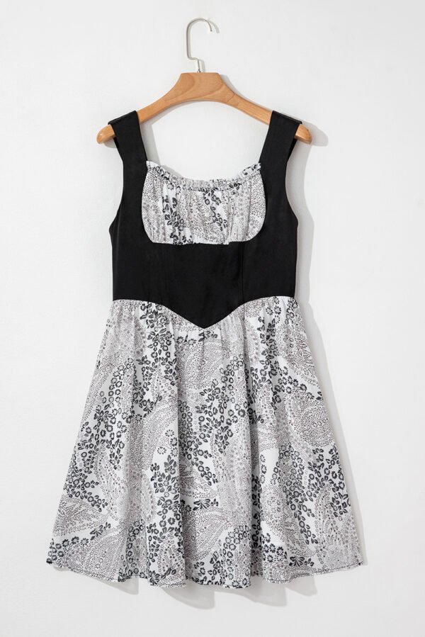 Black Sleeveless Leather Bustier Patchwork Paisley Floral Chiffon Dress