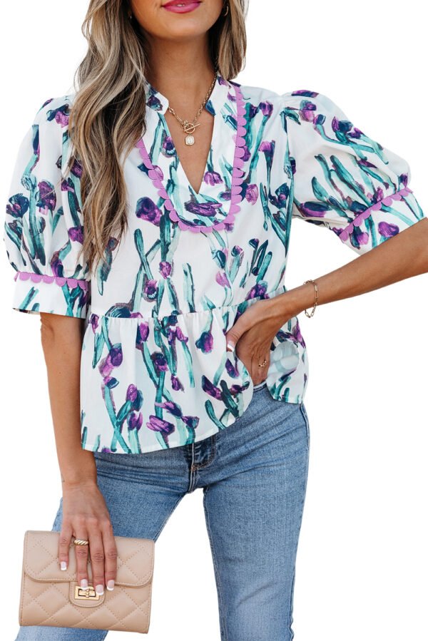 Purple Floral Ricrac Trim Half Sleeve Peplum Top