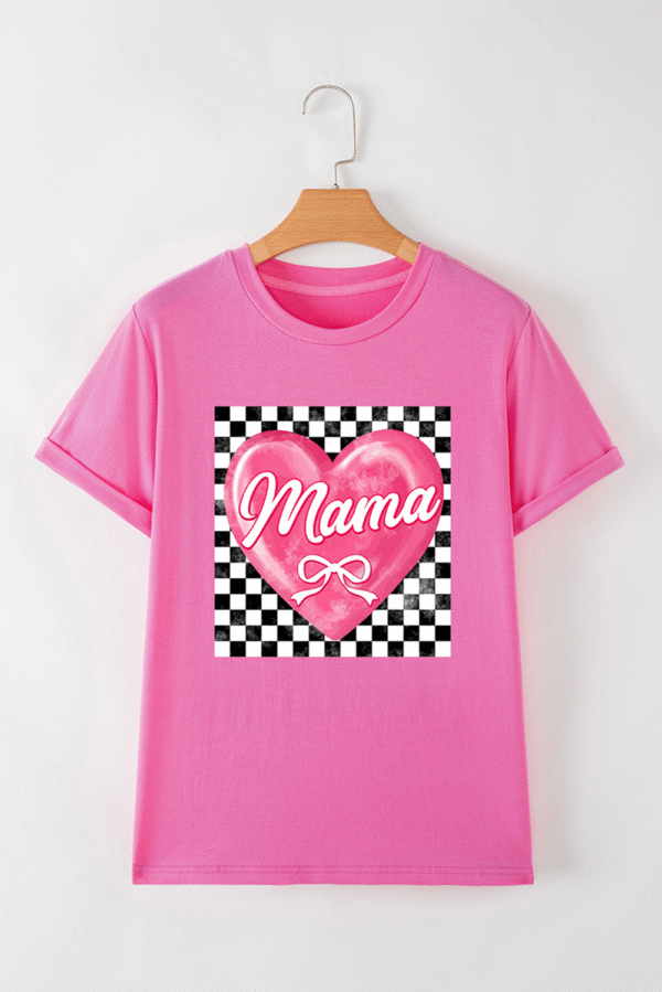 Sachet Pink Checkered Heart Pattern mama Bow Graphic Tee