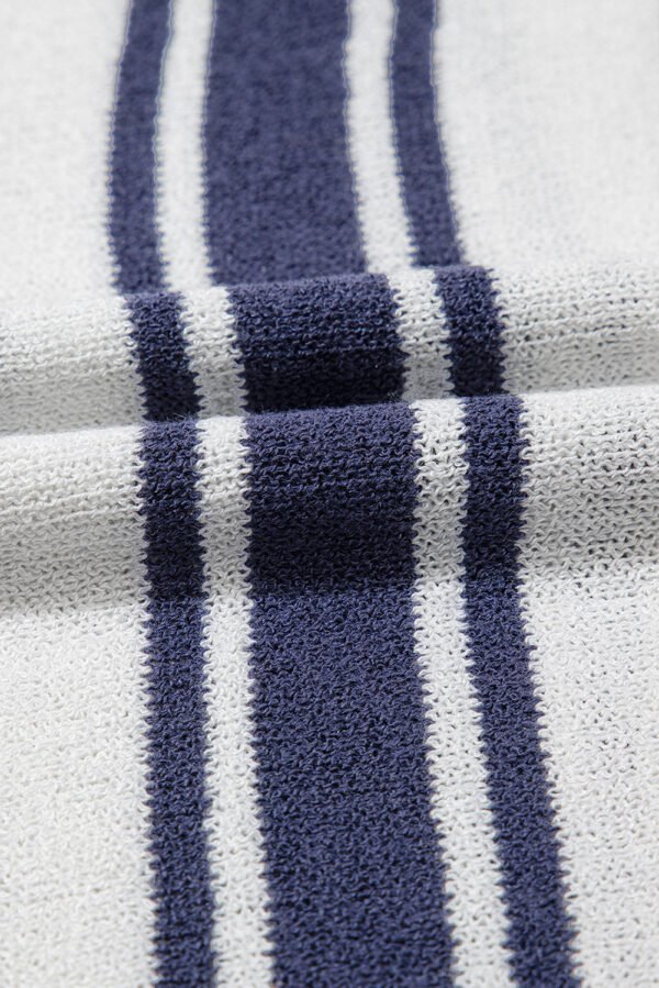 Dark Blue Stripe Collared Button V Neck Knitted T Shirt