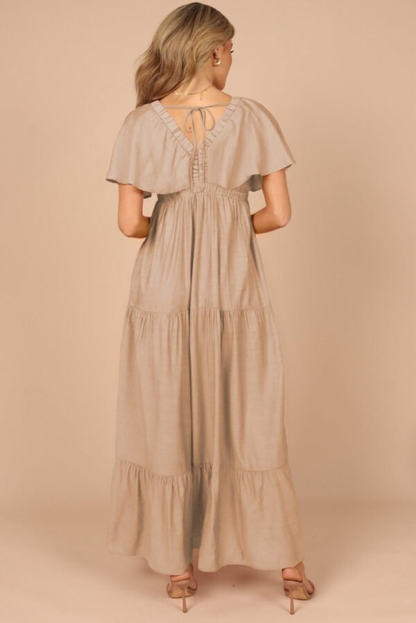 Parchment Textured V Neck Flutter Sleeve Ruffled Maxi Dress