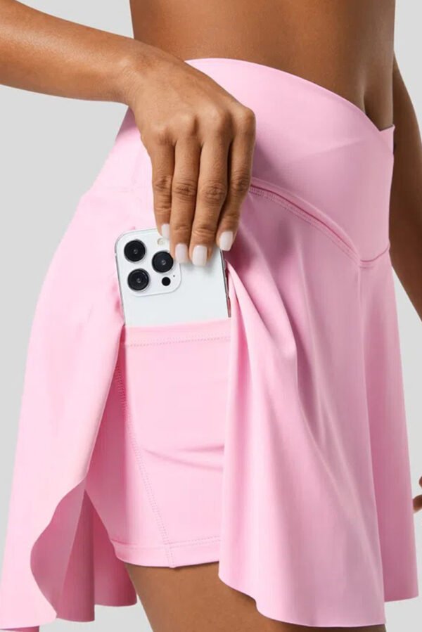Pink Solid Pocketed Crossover High Waist Swim Skort
