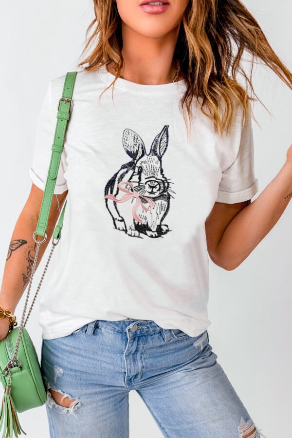 White Bunny Embroidered Bow Graphic Tee