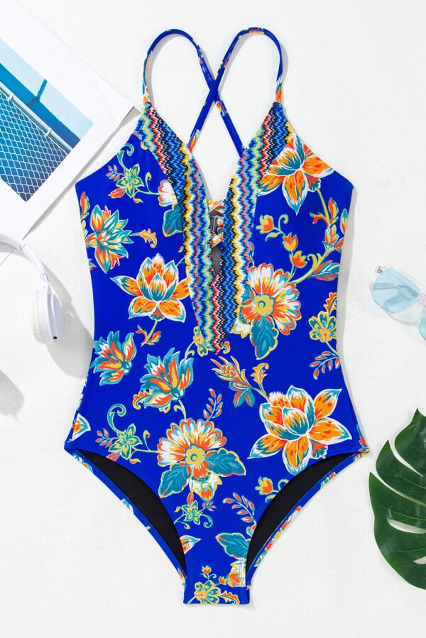 Blue Floral Plunging Slim & Sculpt One-Piece Crisscross Backless One Piece Swimsuit