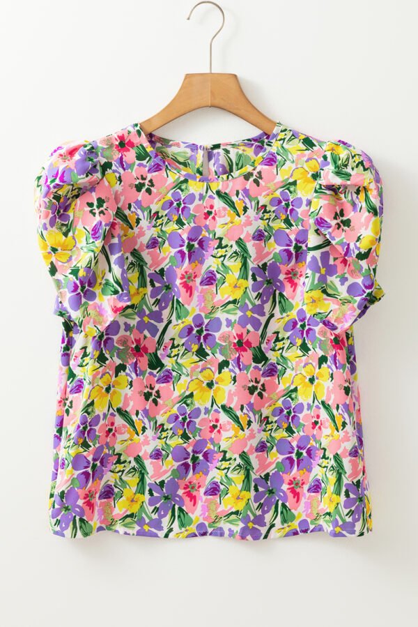 Purple Floral Print Puff Short Sleeve Crew Neck Blouse
