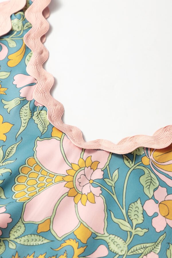 Sky Blue Floral Ricrac Trim V Neck Shift Mini Tank Dress