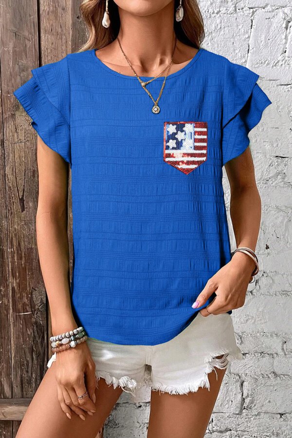 Dark Blue Textured Sequin Stars and Stripes Patched Ruffled Short Sleeve Blouse