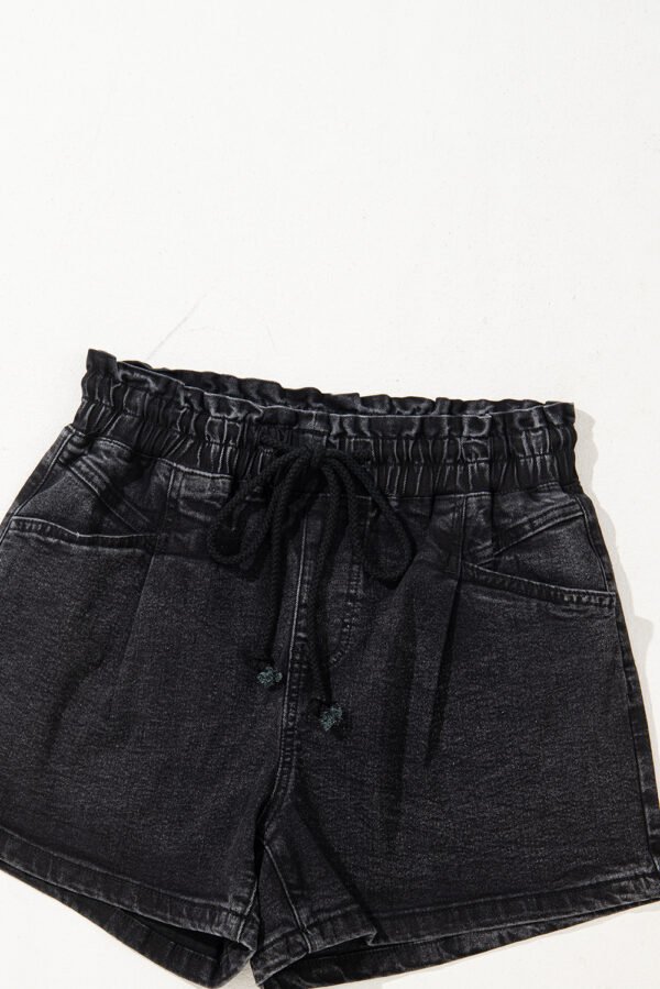 Black Drawstring High Waist Casual Denim Shorts with Pockets