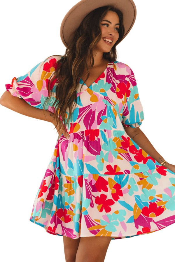 Rose Red Floral Bubble Sleeve V Neck Tiered Ruffle Babydoll Dress