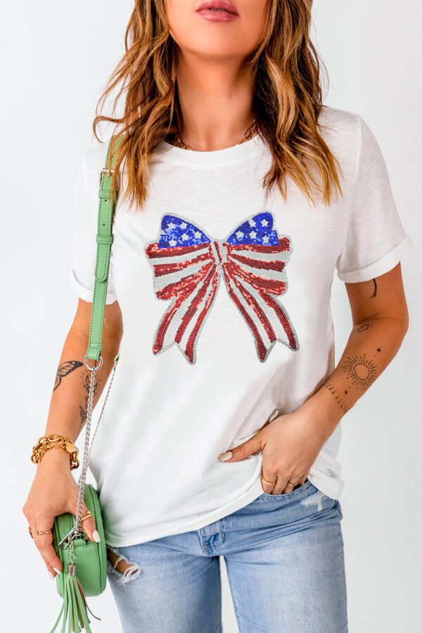 White USA Flag Bow Knot Patched Crew Neck T Shirt