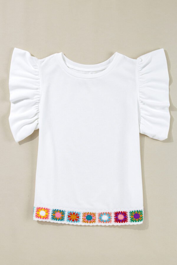 White Floral Crochet Patched Ruffled Sleeve Crewneck Blouse