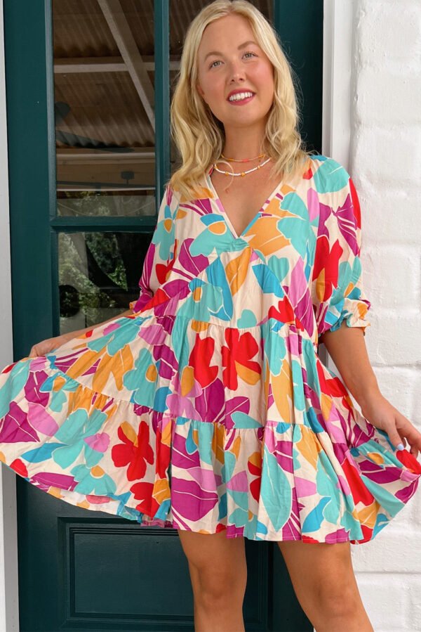 Rose Red Floral Bubble Sleeve V Neck Tiered Ruffle Babydoll Dress