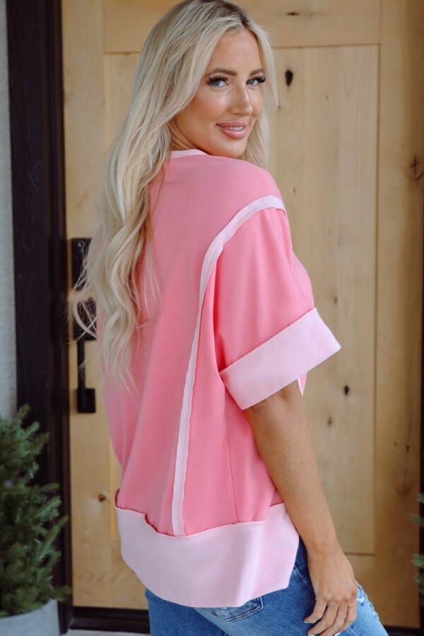 Peach Blossom Sequined Easter Eggs Contrast Patchwork Detail Short Sleeve Blouse