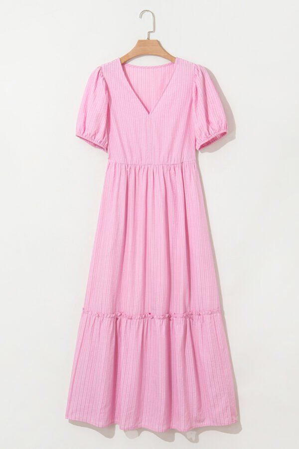 Pink Stripe V Neck Puff Short Sleeve Maxi Dress