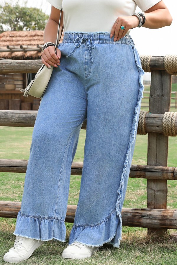 Blue Plus Size Lace up Waist Ruffled Trim Ankle Length Jeans