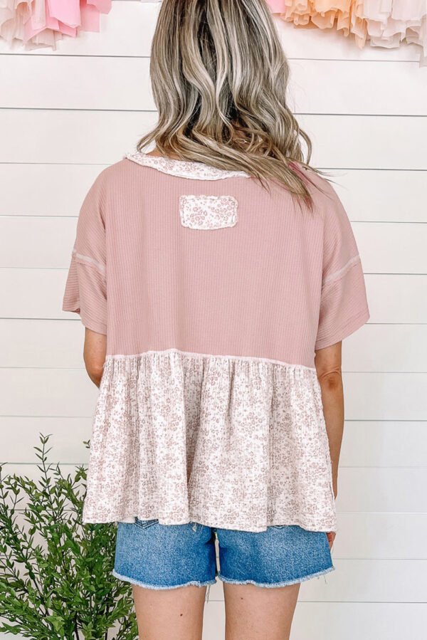 Pink Waffle Floral Patchwork Exposed Seam Detail Short Sleeve Top